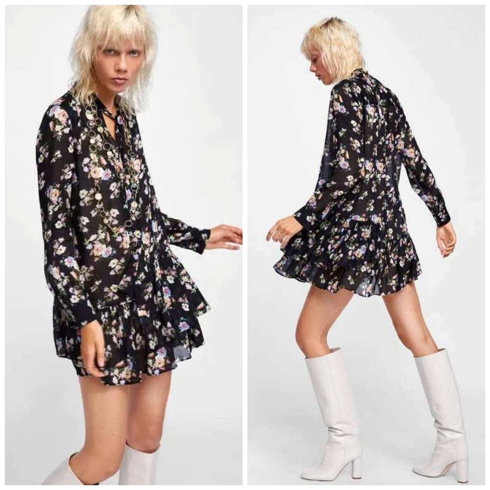 Zara sheer floral ruffle mini dress size XS